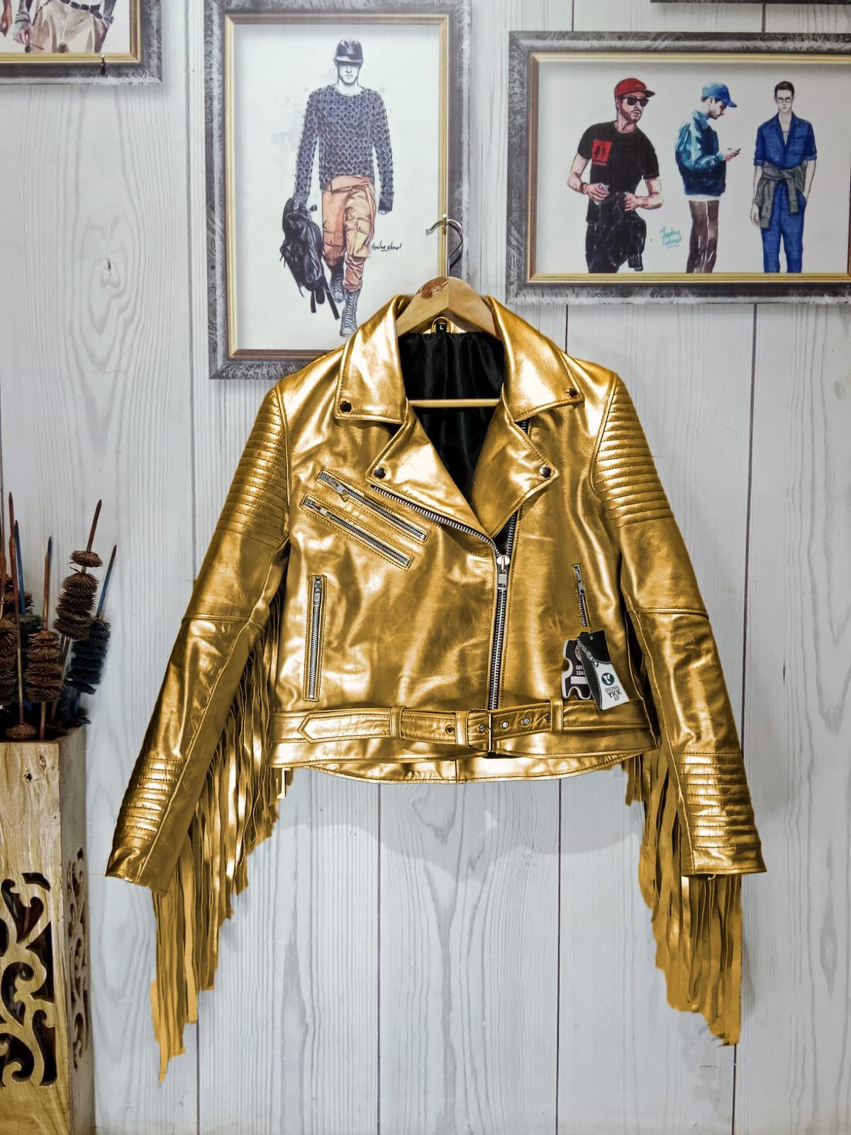 Fuchsia Metallic Leather Fringe Biker Jacket: Quilted Arms, Belted