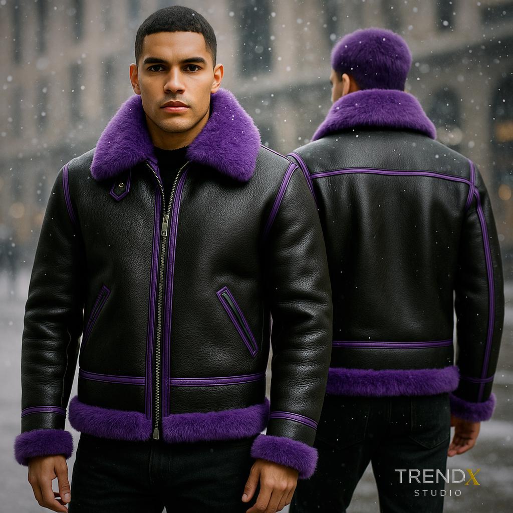Black & Purple Fur Leather Aviator Jacket – Men's Runway Edition