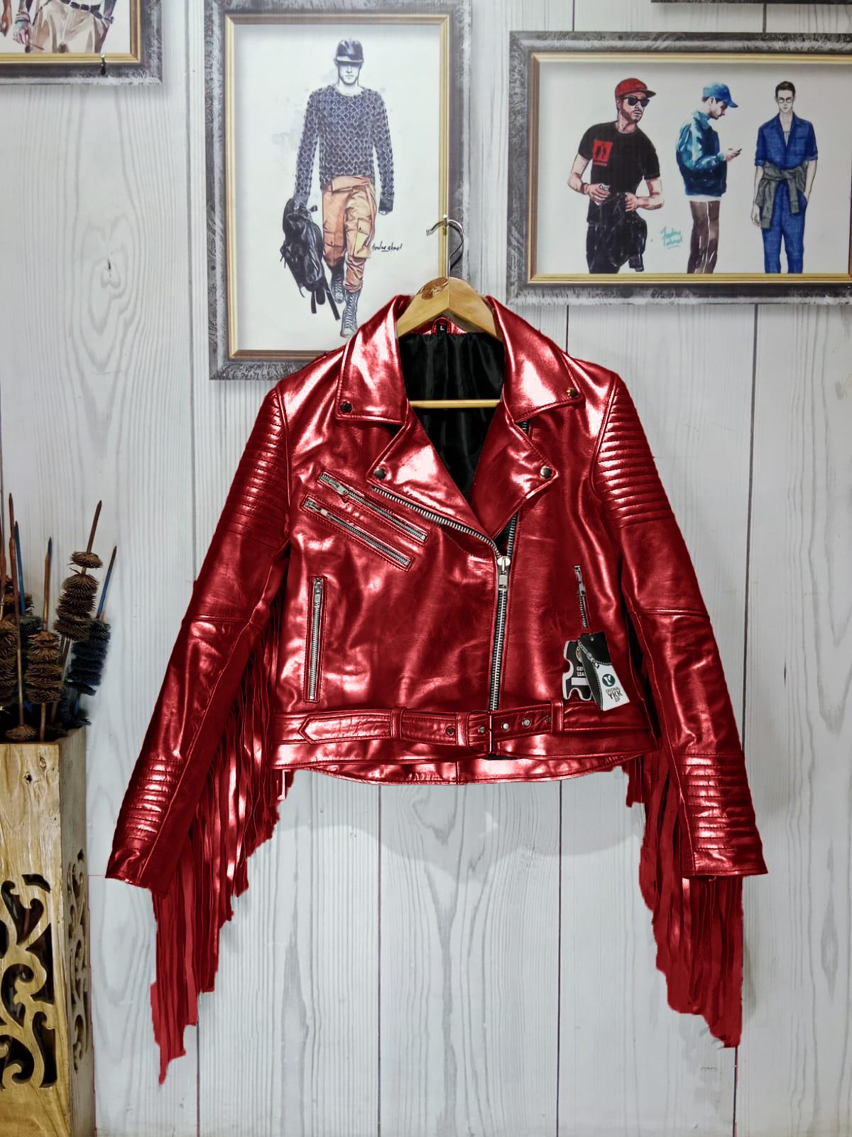 Womens Metallic Pink Fringe Jacket Leather - Shiny Fashion
