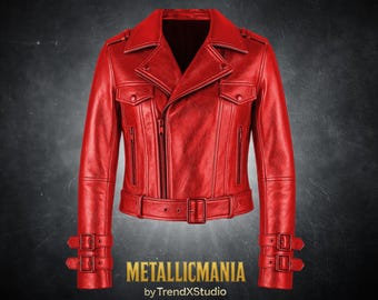 Red Metallic Leather Jacket – Vintage Sleek Fit Moto Style with Belted Cuffs – Unisex Fashion