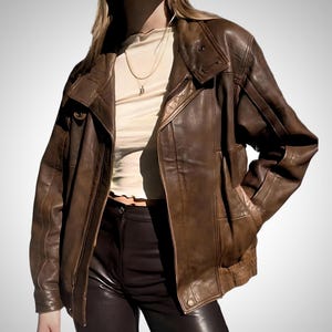 Veste en cuir vintage - Marron rustique chaud, coupe oversize pour femme Style 2024