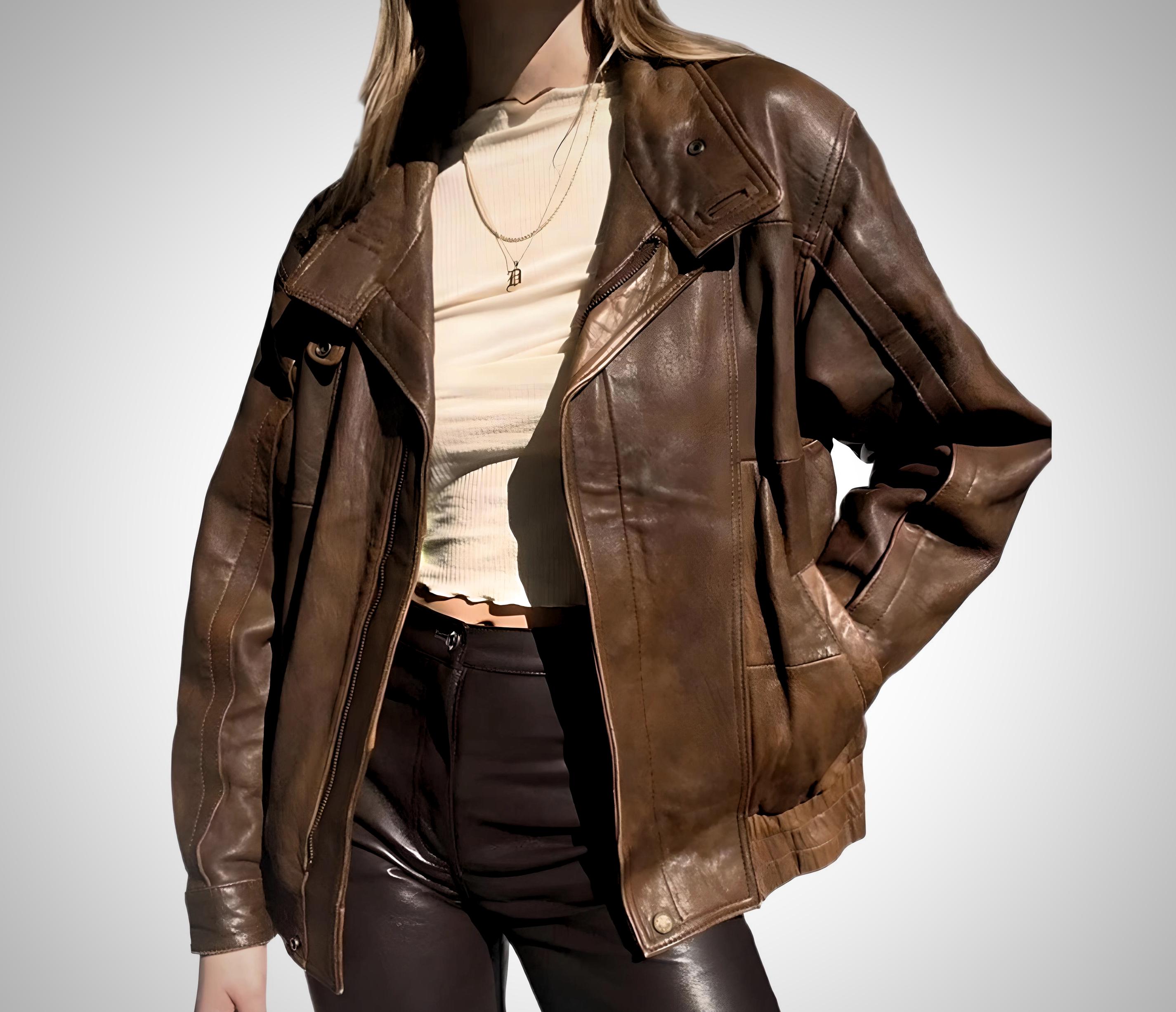 Vintage Leather Jacket - Warm Rustic Brown Oversized Fit for
