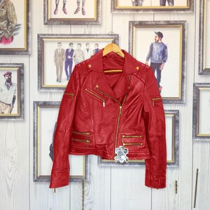 Women’s Cropped Red Biker Leather Jacket – Modern Moto Style with Gold Zippers – Handmade Luxury Motorcycle Coat!