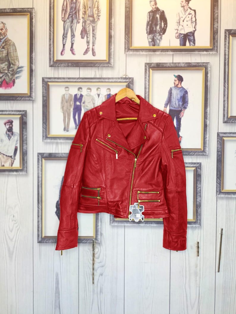 Women’s Cropped Red Biker Leather Jacket – Modern Moto Style with Gold Zippers – Handmade Luxury Motorcycle Coat!