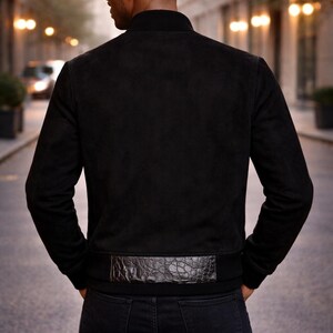 Men's Black Croc Genuine Leather Bomber Jacket: Fusion Racer image 2