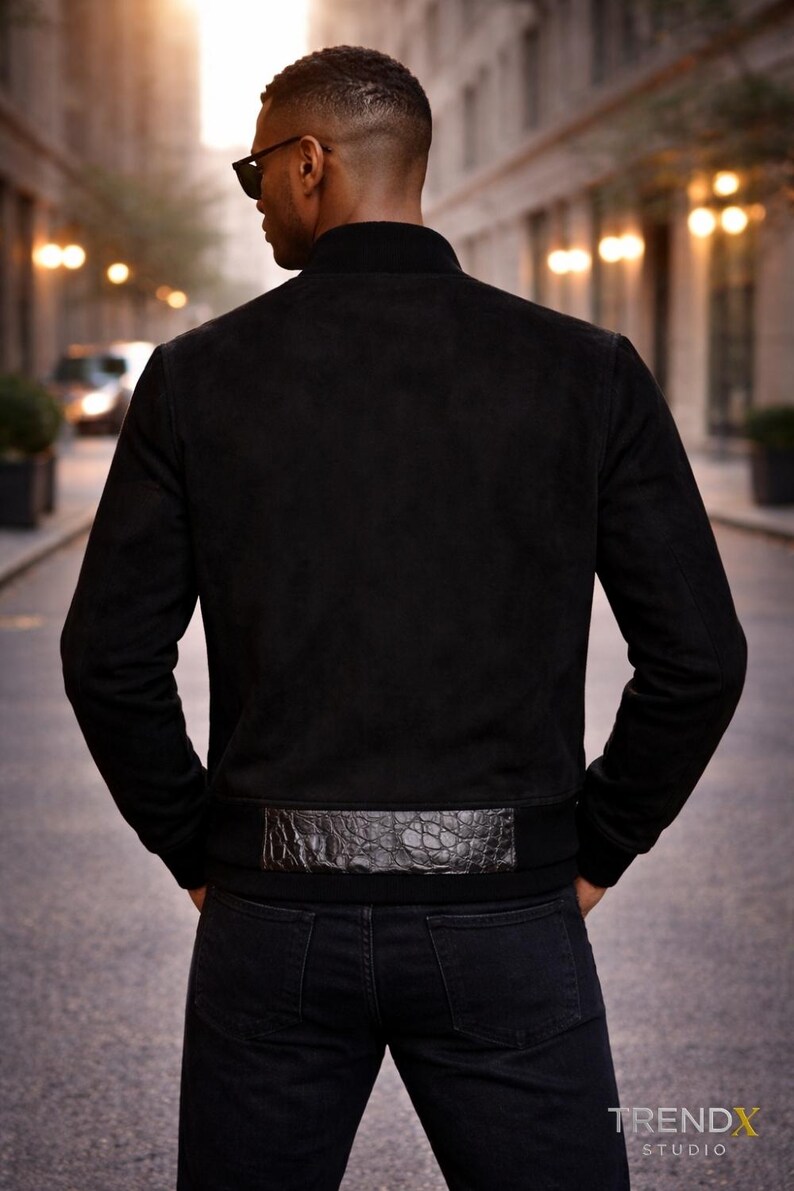 Men's Black Croc Genuine Leather Bomber Jacket: Fusion Racer image 2