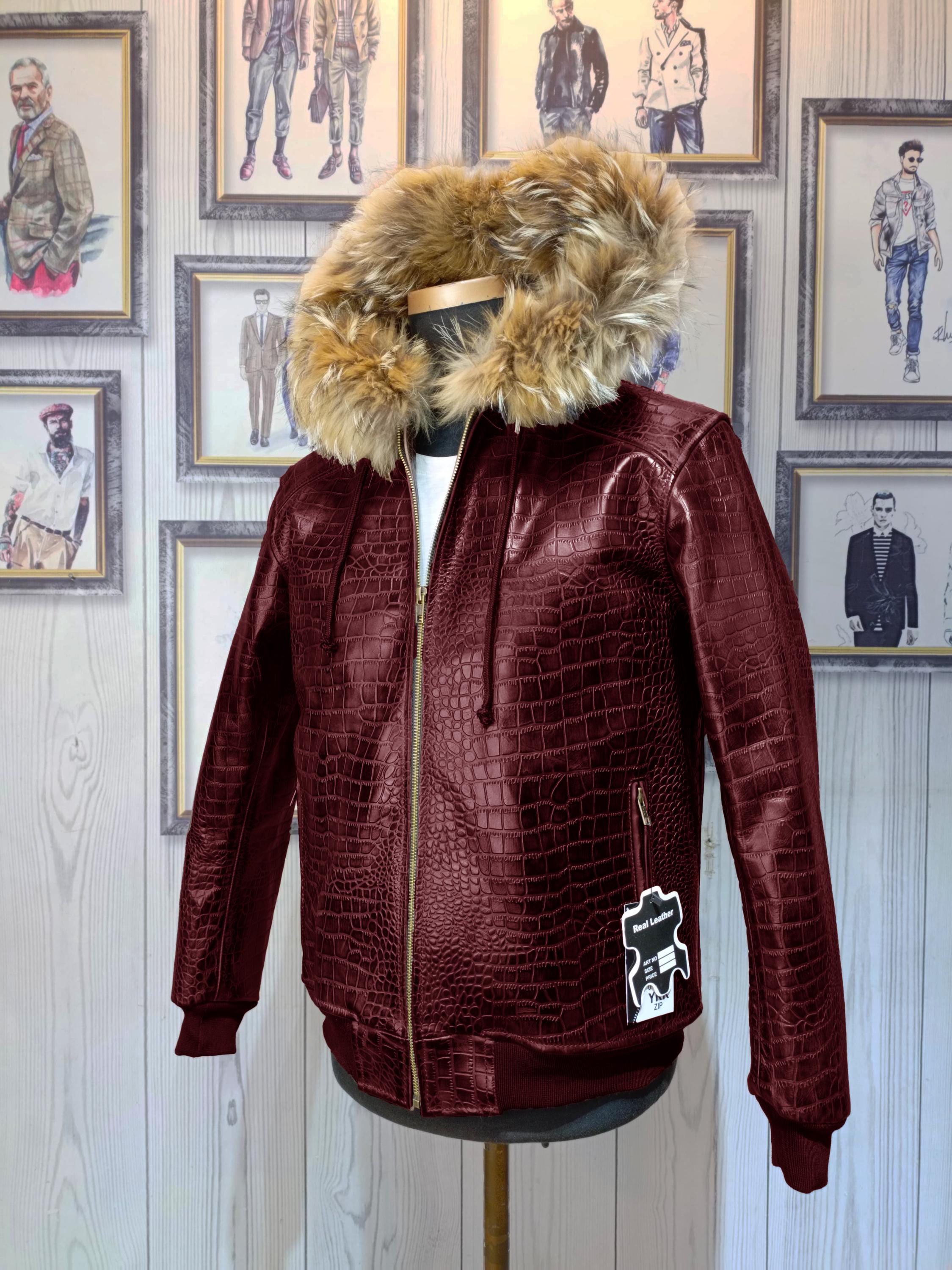 Men's Real Leather Alligator Embossed Bomber Jacket With Fur Hood