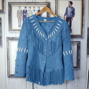 Women’s Western Fringe Light Blue Suede Jacket – Handmade Boho Leather Coat with Bone Beads – Vintage Cowgirl Style