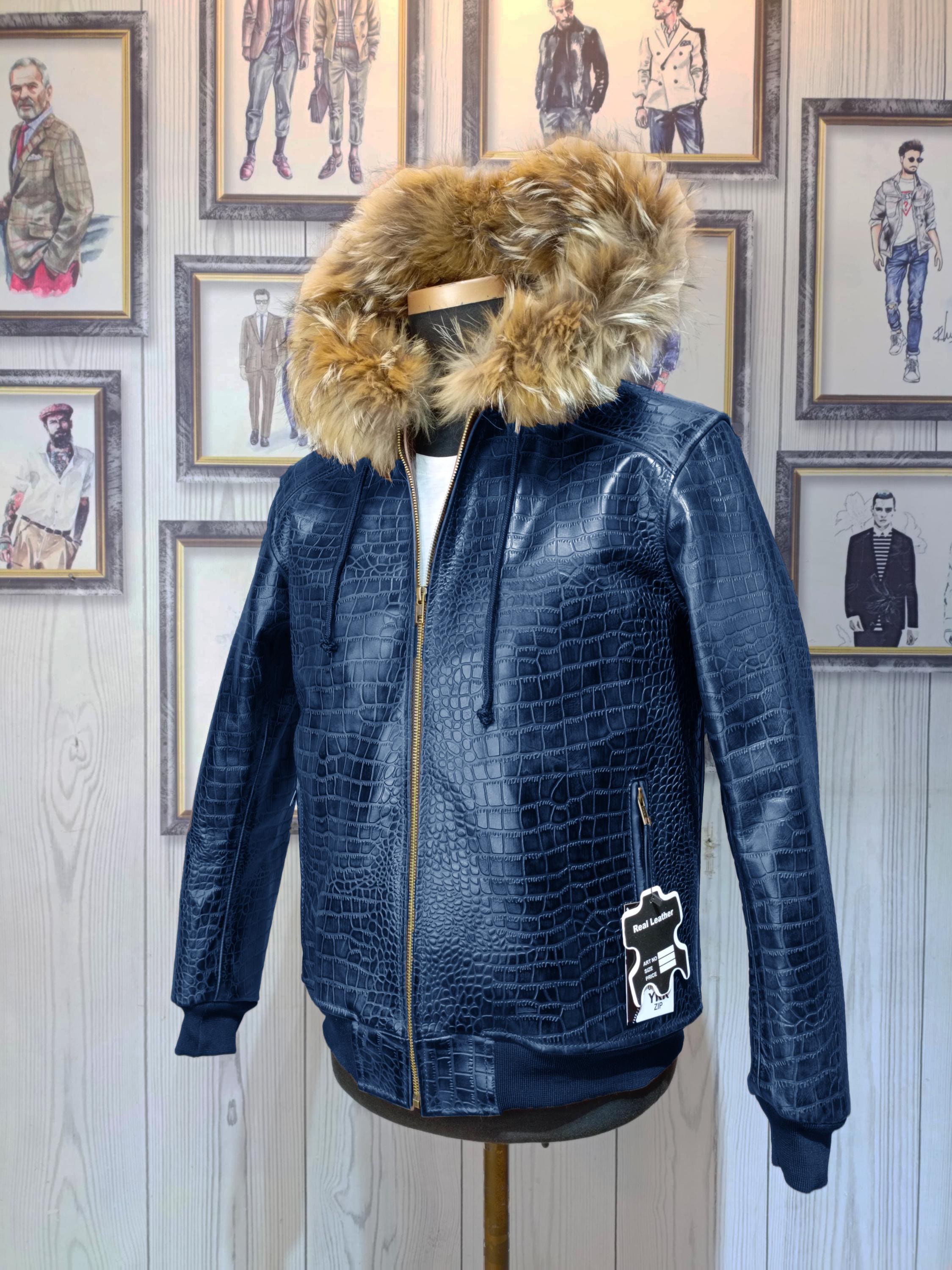 ジャケット・アウター fur hooded real leather bomber jacket Men's Real Leather Alligator Embossed Bomber Jacket With Fur Hood