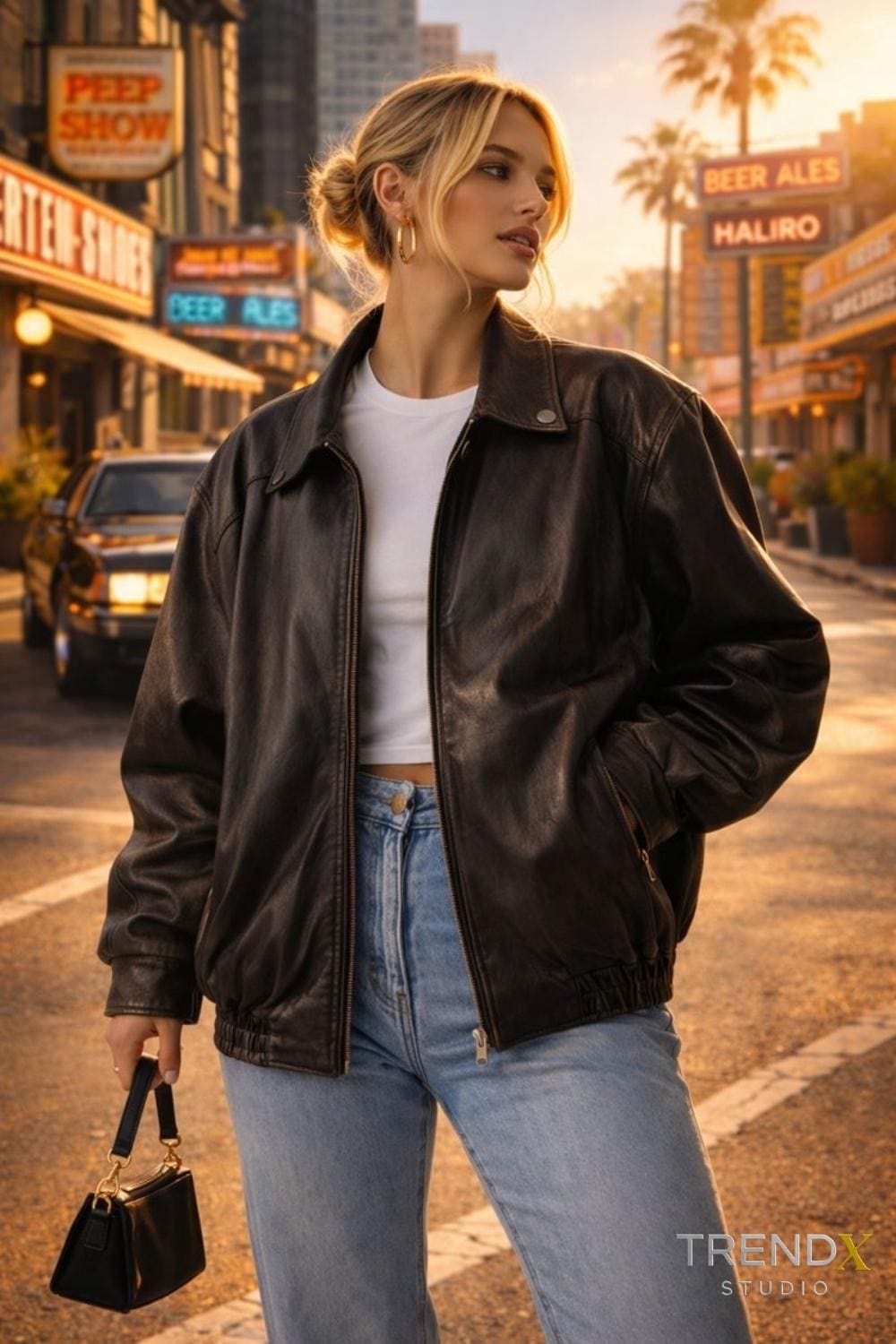 Oversized Vintage Brown Leather Jacket - Womens Bomber Baggy Style
