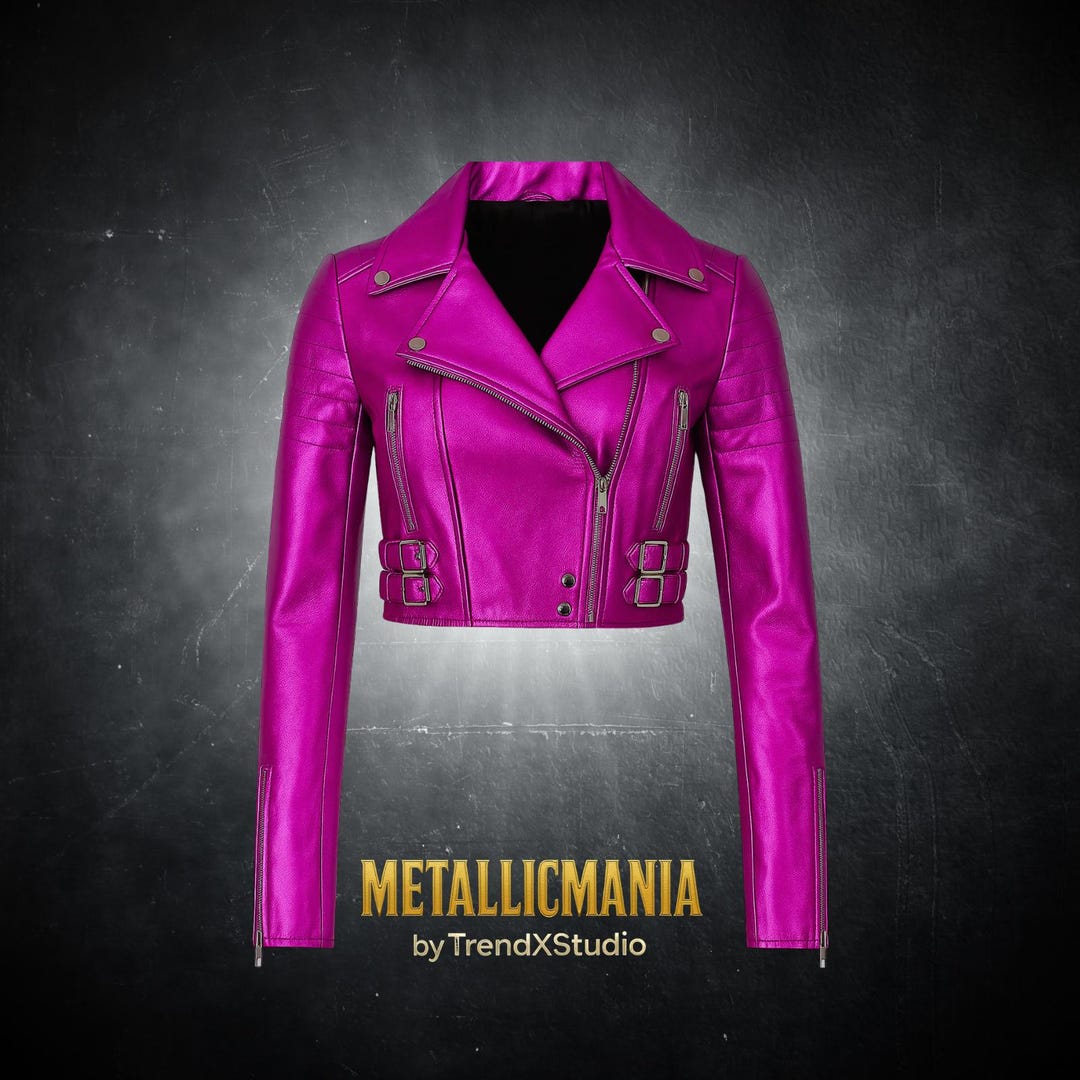 Cropped Hot Pink Leather Jacket Fuchsia Metallic Leather Moto