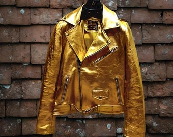 【関税・送料込み】GOLDEN  LEATHER JACKETS Mens Gold Metallic Biker Leather Jacket | Boss Jackets