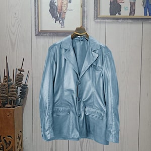 Men’s Light Blue Leather Blazer – Handmade Sheepskin Jacket for Formal & Casual Wear – Soft Goatskin Coat!