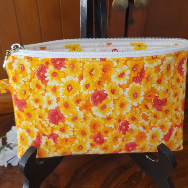 Zipper Pouch Bag - Bright Yellow and Orange Flowers, Sturdy Fleece Lined, White Zipper with Silver Pull