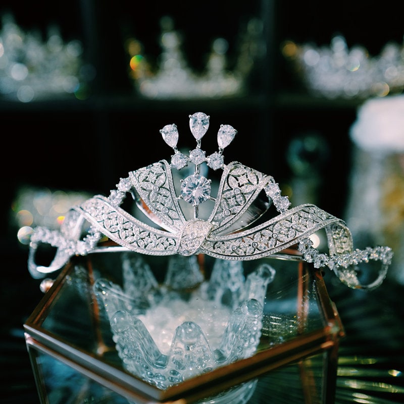 24k White Gold Plated Wedding Tiara: AAA Cubic Zirconia 