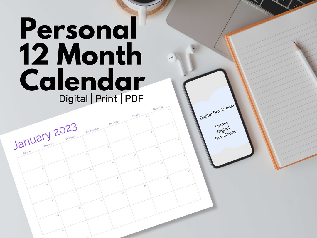 12 Month Purple Printable Calendar Minimalist in Design - Etsy