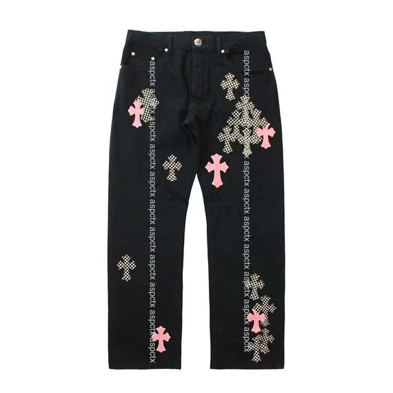 Chrome Hearts Black Fleur Denim Pants Pink & Checkered Crosses