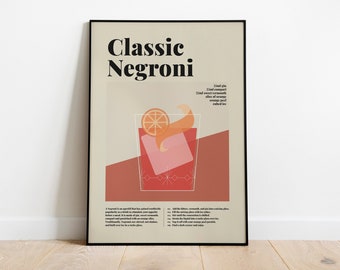May include: A vintage-style poster with a minimalist design featuring a red cocktail glass with an orange slice and a recipe for a Classic Negroni. The poster has the text "Classic Negroni" in bold black letters.