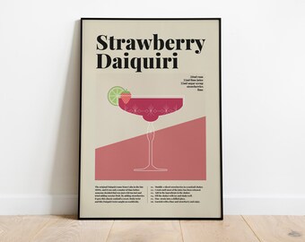 Poster del cocktail Daiquiri alla fragola, poster della ricetta del cocktail, guida ai cocktail, cocktail classici, regalo cocktail
