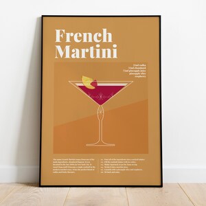 French Martini Full Colour Cocktail Poster, Cocktail Recipe Poster, Cocktail Guide, Classic Cocktails, Cocktail Gift