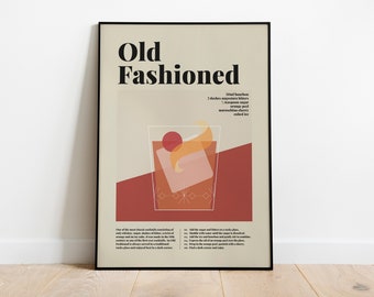 May include: A vintage-style poster with a minimalist design featuring a cocktail illustration and the text "Old Fashioned". The poster includes the ingredients and instructions for making an Old Fashioned cocktail.