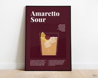 Amaretto Sour Full Colour Cocktail Poster, Cocktail Recipe Poster, Cocktail Guide, Classic Cocktails, Cocktail Gift