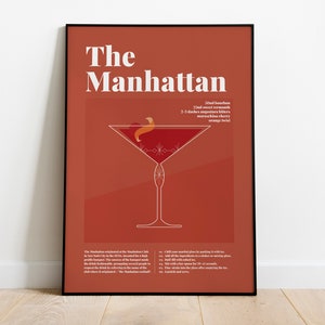Póster de cócteles a todo color de Manhattan, póster de recetas de cócteles, guía de cócteles, cócteles clásicos, regalo de cócteles