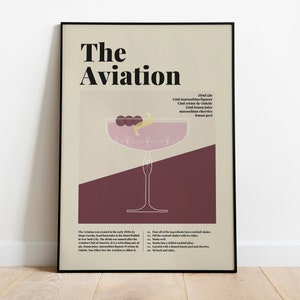 Cartel de cócteles de aviación, cartel de recetas de cócteles, guía de cócteles, cócteles clásicos, regalo de cócteles