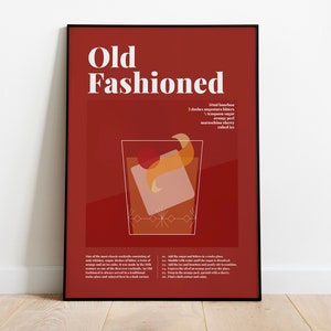 Old Fashioned Full Colour Cocktail Poster, Cocktail Recipe Poster, Cocktail Guide, Classic Cocktails, Cocktail Gift