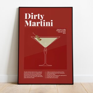 Dirty Martini Full Colour Cocktail Poster, Cocktail Recipe Poster, Cocktail Guide, Classic Cocktails, Cocktail Gift