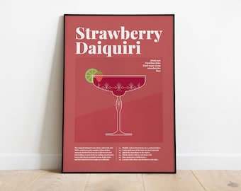 Poster di cocktail a colori Daiquiri alla fragola, poster di ricette di cocktail, guida ai cocktail, cocktail classici, regalo cocktail