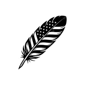 Peut inclure: Illustration en noir et blanc d'une plume avec le drapeau américain. La plume présente un motif de rayures et d'étoiles, représentant le drapeau des États-Unis, avec une pointe.