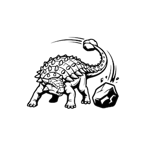Könnte beinhalten: Schwarz-Weiß-Illustration eines Ankylosaurus-Dinosauriers, der mit seinem Schwanz einen Felsen schlägt. Der Dinosaurier ist mit stacheliger Panzerung und einem entschlossenen Gesichtsausdruck dargestellt, mit einem Felsen am Boden.