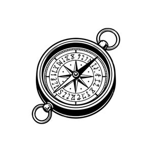 Può includere: Un'illustrazione in bianco e nero a tratto di una bussola circolare con un ago centrale a forma di stella, un quadrante dettagliato con segni simbolici unici e due anelli di metallo prominenti fissati alla parte superiore e inferiore.