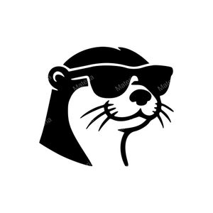 May include: A monochrome graphic of an otter wearing sunglasses. The otter is depicted in a side profile, with its head and upper body visible. The sunglasses are large and cover the otter's eyes.