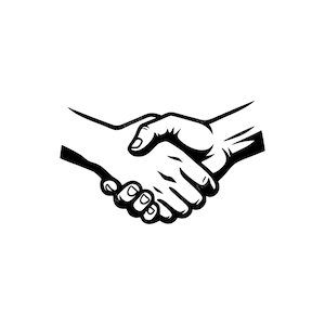 Könnte beinhalten: Schwarz-Weiß-Illustration eines Händedrucks. Das Bild zeigt zwei Hände, die sich schütteln, was eine Vereinbarung oder Partnerschaft symbolisiert. Die Grafik ist einfach und fett, mit klaren Linien.
