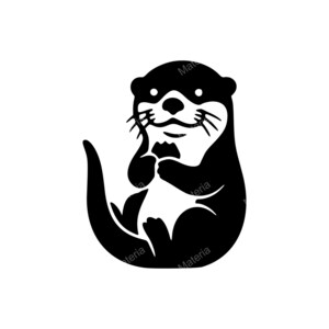 May include: A black and white illustration of an otter in a seated position, holding something in its paws. The otter has a round head, small eyes, and whiskers. The image is a simple, graphic design.