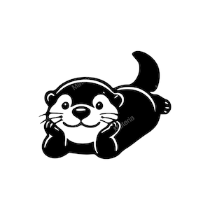 May include: A black and white cartoon illustration of an otter. The otter is lying down, resting its head on its paws, with a smiling expression. The image has the word "Materia" in the image.