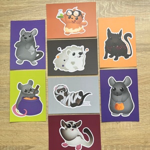 Pode incluir: Conjunto de 10 cartões ilustrados com vários animais, incluindo um rato, um furão, um ouriço, um chinchila, um gerbilo, um hamster, uma cobaia, um rato, um coelho e um gato. Cada cartão tem um fundo de cor diferente.