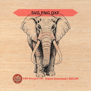 Elefante SVG, DXF, PNG, realista, detallado, descarga digital, archivos láser