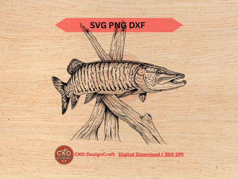 Tiger Musky svg dxf png Muskellunge Realistic Detailed Fishing Digital Download Laser Files image 1