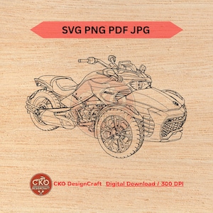 Könnte beinhalten: Strichzeichnung eines dreirädrigen Motorrads mit einem vorderen Ende, das einem Auto ähnelt. Das Bild enthält den Text "SVG PNG PDF JPG" in einem roten Banner und ein Logo mit dem Text "CKO DesignCraft Digital Download / 300 DPI".