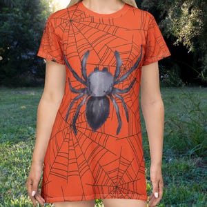 Spiderweb T-Shirt Dress Halloween Costume, Spider Spooky Season Gift, Cute Party Dress Outfit, Orange Creepy Crawlies Tshirt Dress
