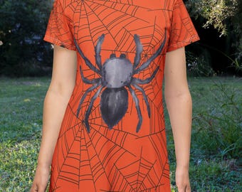 Spiderweb T-Shirt Dress Halloween Costume, Spider Spooky Season Gift, Cute Party Dress Outfit, Orange Creepy Crawlies Tshirt Dress