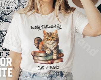 Camiseta amante de los gatos y los libros, ideas de regalos de lectura, regalo para el bibliotecario amante de los gatos, camiseta de gato lindo con libros, camisa de lectores de ratones de biblioteca, mamás de gatos