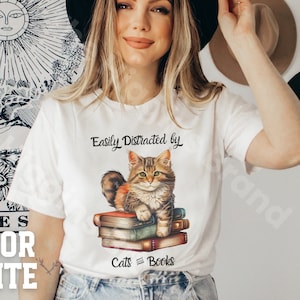 Cat and Book Lover T-Shirt, Reading Gift Ideas, Gift for Cat Loving Librarian, Cute Cat with Books Tee, Bookworm Readers Shirt, Cat Moms