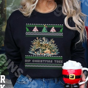 RIP Christmas Tree Cat Ugly Sweater, Funny Cat Lover Gift, Festive Holiday Party Sweatshirt, Cat Mom Lights Ornaments Crewneck Pullover