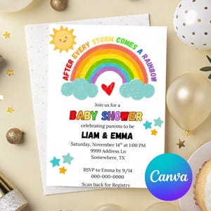 Invitation baby shower arc-en-ciel modifiable, téléchargement immédiat Canva 5 x 7 et 4 x 6, non sexiste après chaque orage vient un arc-en-ciel, registre