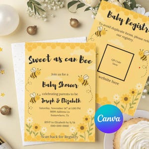 Bewerkbare Bee Baby Shower Uitnodigingssjabloon, Sweet as Can Bee genderneutrale uitnodiging, Instant Download Canva Registry 4 x 6 en 5 x 7 inch