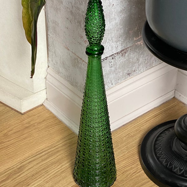 Large Vintage Green Glass Genie Bottle, Empoli Glass, Made in Italy, 1960